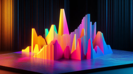 This captivating abstract artwork features vibrant geometric shapes in a 3D arrangement, radiating colorful light and energy in a modern artistic style.の素材