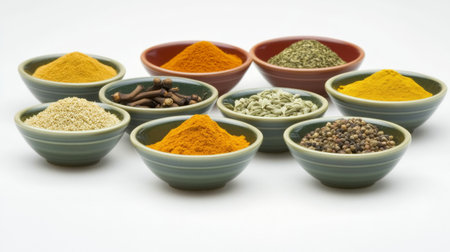 A vibrant collection of various spices displayed in small bowls on a white surface, showcasing a range of colors and textures that enhance culinary creations.の素材