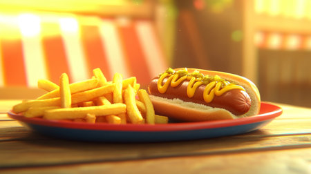 Indulge in a delicious hot dog topped with mustard and served with crispy fries on a vibrant plate. Perfect for casual dining and summer gatherings.の素材