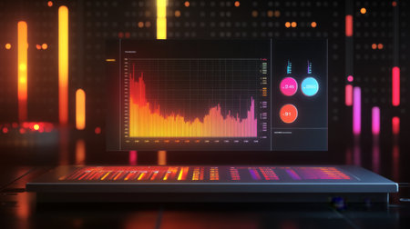 A captivating futuristic data visualization scene featuring colorful graphs and interactive elements on a sleek digital interface. Perfect for tech and analytics themes.の素材