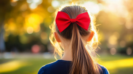 A young girl with a red bow in her hair stands in a sunlit park, embracing the warm vibes of nature. Her back view captures a moment of peaceful reflection.の素材