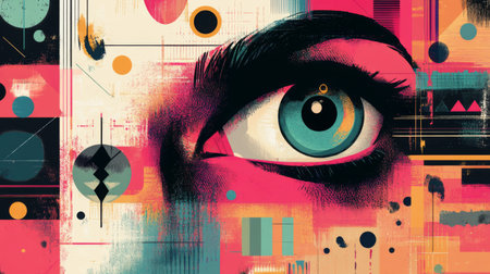 Discover a stunning abstract illustration featuring a close-up of an eye amidst vibrant geometric patterns. The artwork combines bold colors and unique textures to evoke emotion.の素材