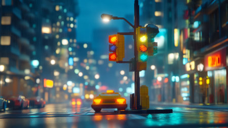 A vibrant nighttime urban scene featuring a toy yellow taxi near colorful traffic lights. This miniature setting captures the essence of city life through creative design and vivid colors.の素材