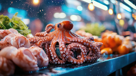 A vibrant seafood market scene with octopus tentacles on display, the suction cups glistening under the fresh water mist, alongside other fresh seafoodの素材