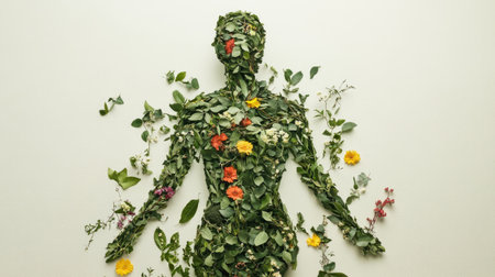An artistic representation of the human body made of various natural elements, such as leaves and flowers, symbolizing the connection between humans and natureの素材