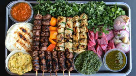 An overhead view of a vibrant kebab platter, showcasing an assortment of grilled meats, colorful vegetables, and fragrant herbs, served with warm pita bread and dipping sauces, inviting guests to enjoy.の素材
