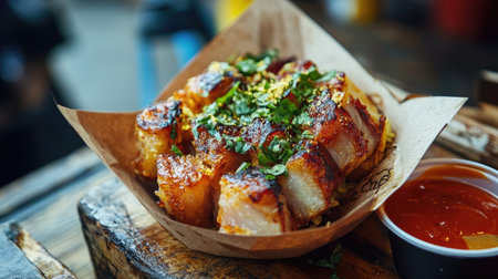 A vibrant street food scene with a vendor showcasing deep-fried pork belly, crispy and golden, served in a paper cone with a spicy dipping sauceの素材