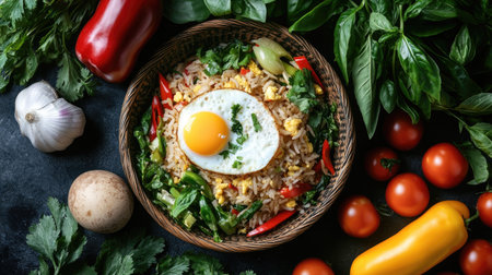 An appetizing shot of Thai basil fried rice with egg, served in a traditional Thai bowl, surrounded by fresh herbs and colorful vegetables, celebrating the flavors of Thai cuisine.の素材