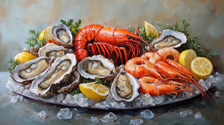A vibrant seafood platter featuring a variety of fresh oysters, shrimp, and lobster, artfully arranged on crushed ice, garnished with lemon wedges and herbs for an elegant dining experience.の素材