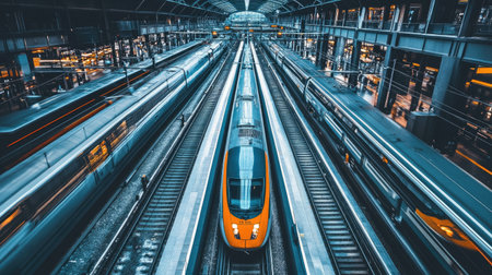An aerial view of a modern train station with sleek architecture, featuring multiple platforms and trains, showcasing the efficiency of urban transportationの素材