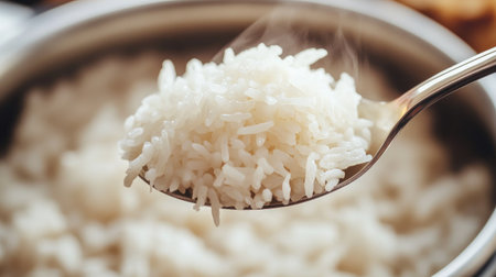 Close-up of a spoonful of hot steamed rice being served from a rice cooker, with fluffy grains and visible steam, symbolizing the comfort of a home-cooked meal.の素材