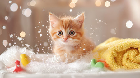 An adorable kitten splashing happily in a small basin filled with bubbles, with colorful bath toys and soft towels surrounding itの素材