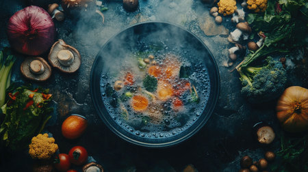 An overhead view of a shabu-shabu hot pot in action, showcasing colorful vegetables, mushrooms, and seafood arranged beautifully around the bubbling broth, creating an inviting atmosphereの素材
