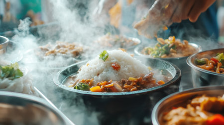 Hot steamed rice being served alongside spicy Thai curries and stir-fried dishes, with steam rising, inviting viewers to a flavorful meal experience.の素材
