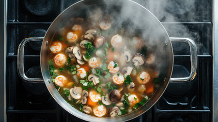 An overhead shot of a steaming pot of tom yum goong bubbling on the stove, with fresh shrimp, mushrooms, and lemongrass, showcasing the aromatic ingredients of this beloved soupの素材