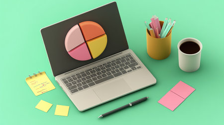 An overhead view of a modern workspace featuring a 3D pie chart on a laptop screen, with sticky notes and a coffee cup nearby, illustrating a collaborative approach to data interpretation.の素材