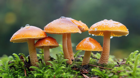 A serene forest scene where wild mushrooms are thriving after a rain, with droplets of water glistening on their caps, highlighting their natural beautyの素材