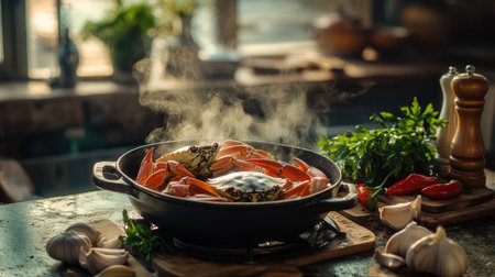 A rustic kitchen scene featuring a steaming pot of crabs being prepared, with fresh ingredients like garlic, chili, and herbs displayed on the countertop, capturing the cooking process.の素材