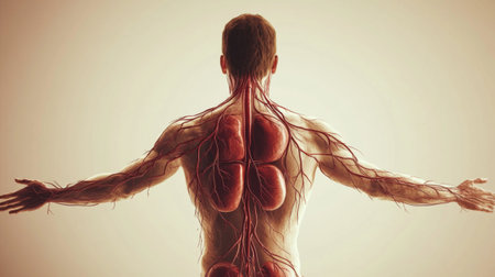 Detailed illustration of the human anatomy focusing on the vascular system, including veins and organs like lungs and heart, perfect for educational purposes.の素材