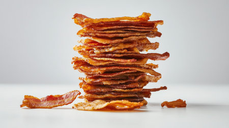 A stack of golden-brown bacon strips piled high on a white background, with a few crispy pieces leaning against the stack, showcasing the irresistible allure of freshly cooked bacon.の素材