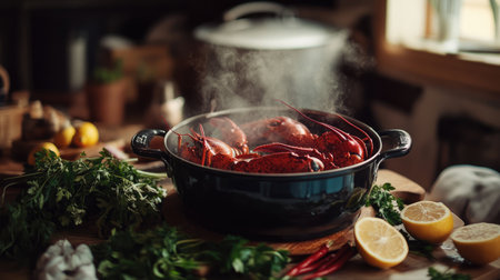 A rustic kitchen setup featuring a pot of boiling water with lobsters being prepared, surrounded by fresh herbs, lemon slices, and spices, capturing the cooking process.の素材