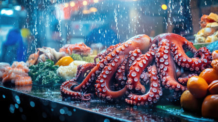 A vibrant seafood market scene with octopus tentacles on display, the suction cups glistening under the fresh water mist, alongside other fresh seafoodの素材
