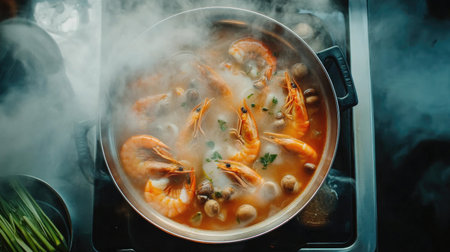 An overhead shot of a steaming pot of tom yum goong bubbling on the stove, with fresh shrimp, mushrooms, and lemongrass, showcasing the aromatic ingredients of this beloved soupの素材