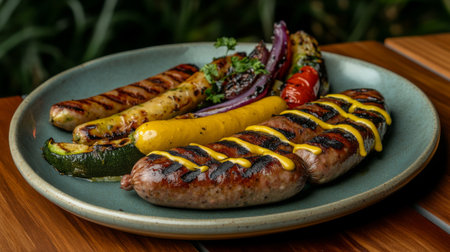 Indulge in this mouthwatering plate featuring grilled sausages served with colorful vegetables and a drizzle of mustard for a delicious outdoor feast.の素材
