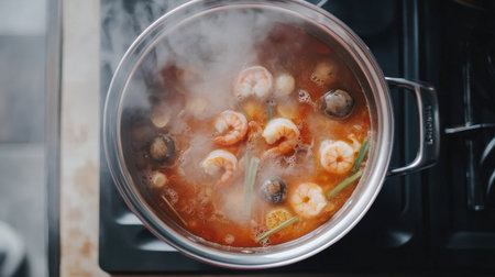 An overhead shot of a steaming pot of tom yum goong bubbling on the stove, with fresh shrimp, mushrooms, and lemongrass, showcasing the aromatic ingredients of this beloved soupの素材