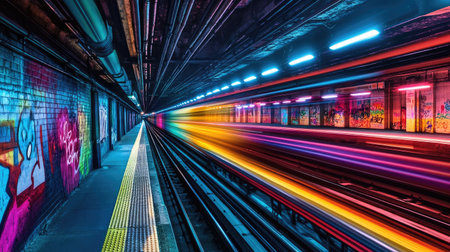 A vibrant subway tunnel with colorful graffiti on the walls, illuminated by bright lights, creating an urban atmosphere as a train approaches in the distanceの素材