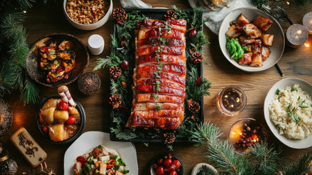 An overhead view of a crispy pork belly dish on a festive table, with various Thai side dishes and garnishes, showcasing a traditional Thai feast that's perfect for sharing with family and friends.の素材