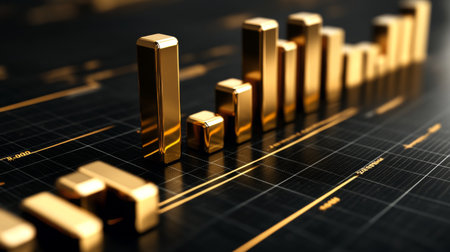 A close-up view of golden bars on a sleek black graph background symbolizing financial growth and success in business and investments.の素材