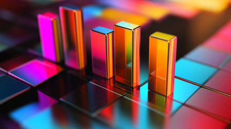 This vibrant abstract artwork features colorful bars on a reflective surface, capturing dynamic light reflections. Perfect for modern design themes.の素材