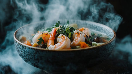 Indulge in a vibrant shrimp dish garnished with fresh herbs and aromatic steam, showcasing culinary artistry and delicious flavors ideal for food enthusiasts.の素材