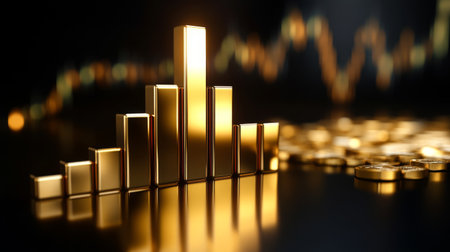 A striking golden bar graph shines against a dark backdrop, symbolizing financial growth and investment success. The scene balances elegance with a modern touch, perfect for business themes.の素材