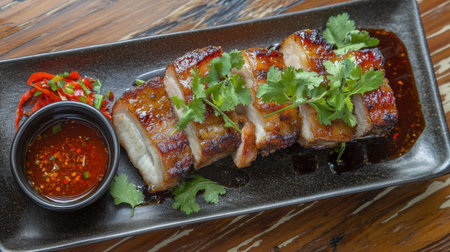 A stunning presentation of grilled pork belly slices on a black plate, garnished with fresh cilantro and served with spicy chili sauce, perfect for culinary enthusiasts.の素材