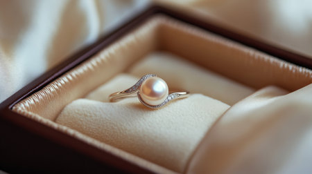 Discover the beauty of this elegant pearl ring nestled in a luxurious jewelry box on soft fabric, perfect for gifting or special occasions.の素材