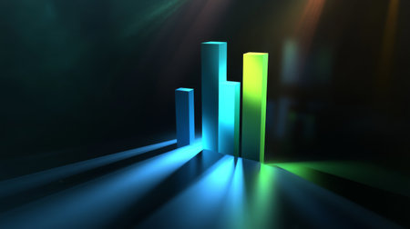 Abstract image of colorful bar graph with light and shadow effects, ideal for business analytics, presentations, and statistical reports related to performance measurement.の素材