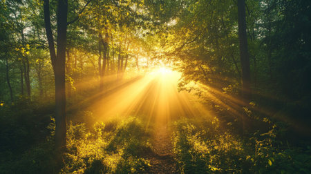 A breathtaking view of sunlight breaking through dense trees in a tranquil forest. The golden rays illuminate the serene landscape, creating a peaceful atmosphere.の素材