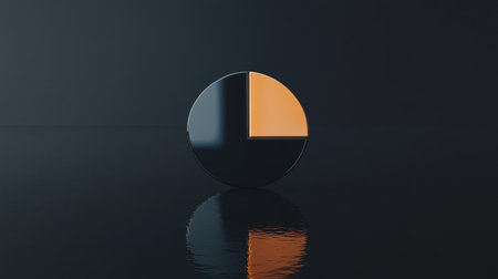 This image features a sleek black and orange pie chart on a reflective surface, embodying modern design and clarity in data visualization, perfect for business themes.の素材