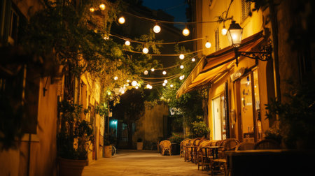 A picturesque evening scene in an alleyway adorned with warm lights. This charming location invites relaxation and dining, perfect for a romantic getaway.の素材