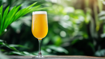 A refreshing glass of yellow beer with a frothy foam head stands elegantly on a wooden table, surrounded by lush green foliage, perfect for summer enjoyment.の素材
