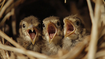 A heartwarming close-up of three baby birds in a nest, mouths wide open, eagerly waiting for food. This image captures the essence of wildlife and family care.の素材