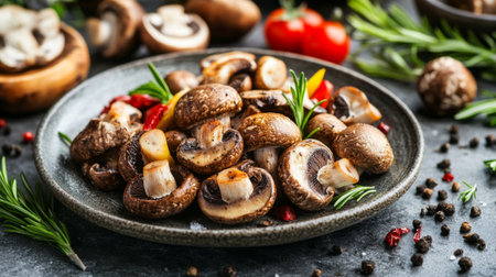 A vibrant display of freshly grilled mushrooms served on a rustic plate, adorned with aromatic herbs and colorful vegetables, perfect for food lovers.の素材