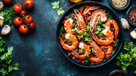 A vibrant seafood dish featuring fresh shrimp beautifully arranged with tomatoes, herbs, and spices. Perfect for culinary inspiration and seafood lovers.の素材