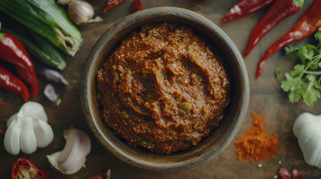 A rich and aromatic spicy culinary paste sits in a rustic wooden bowl, surrounded by vibrant fresh ingredients like garlic, chili peppers, and herbs, perfect for enhancing any dish.の素材