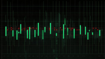 Dynamic abstract representation of stock market data, featuring candlestick charts and trading indicators, ideal for finance professionals or business analysts.の素材