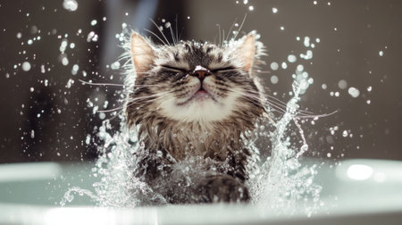 A playful cat joyfully splashes in water, showcasing its delightful expression. The scene captures the beauty of a carefree moment, perfect for pet lovers.の素材