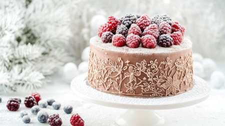 A beautifully decorated chocolate cake with intricate floral designs on a white pedestal, surrounded by fresh berries and a light dusting of powdered sugarの素材