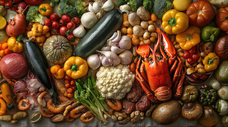 A beautifully plated selection of mookata ingredients, including vibrant vegetables, seafood, and marinated meats, arranged elegantly on a table for an enticing feastの素材